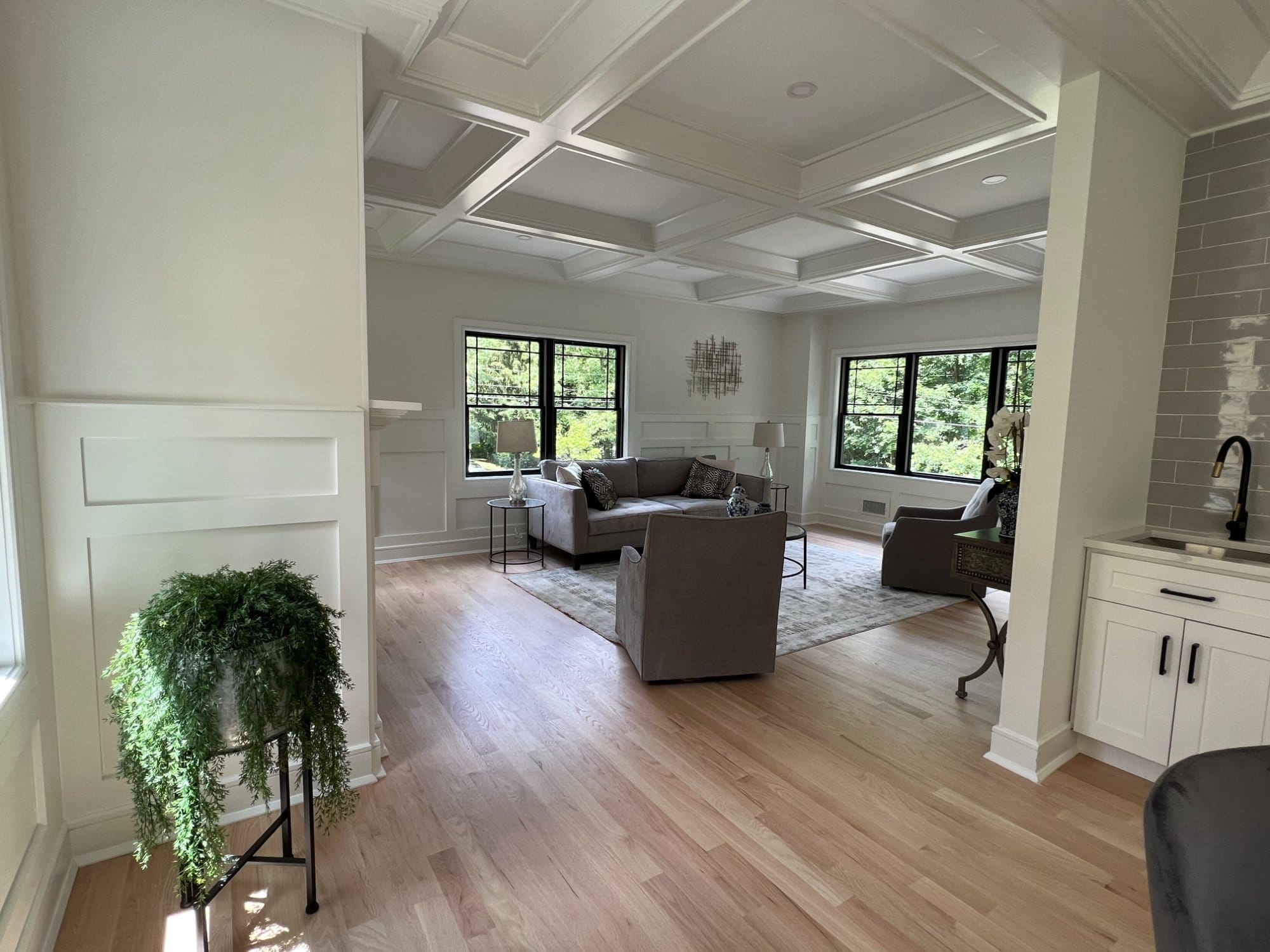Family room with coffered ceiling